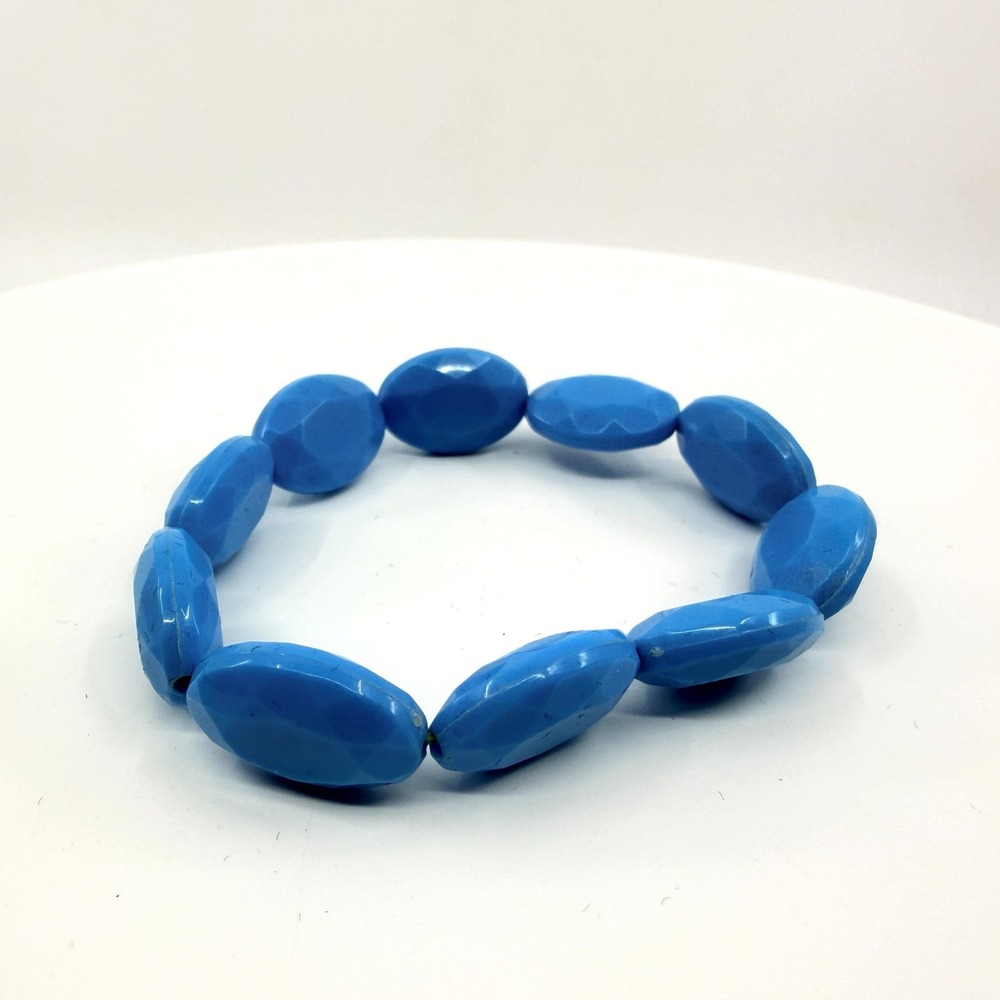 Vintage Chunky Sky Blue Faceted Oval Acrylic Bead Stretch Bracelet